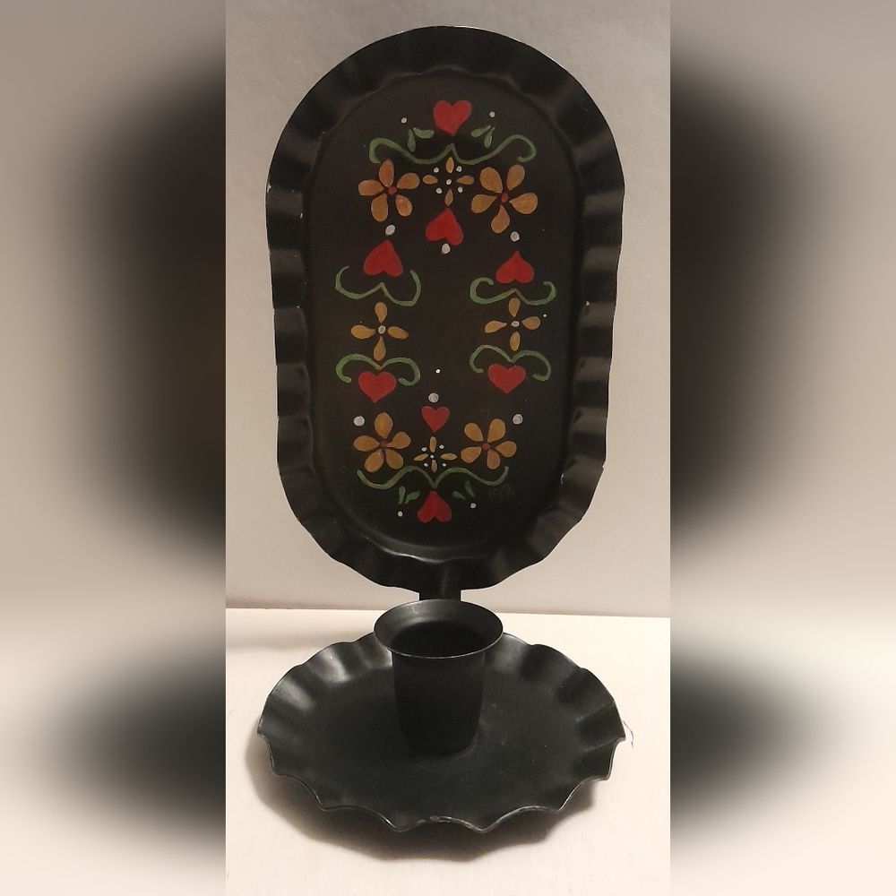 Vintage Folk Art Hand Painted Wall Hanging Candle Holder